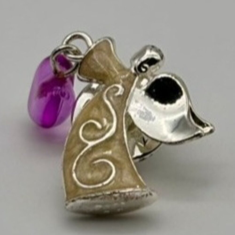 Vintage Avon Lapel Pin, Angel Holding Dangling Purple Heart Silver Tone W/Enamel - Picture 2 of 14